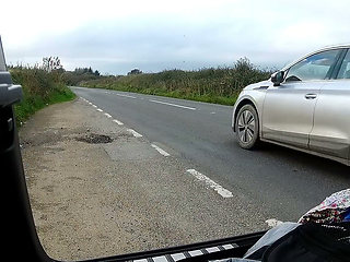 Parked at side of road and changing into cross dress, a little windy !!