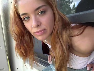 Skinny Averi gets pounded in a tiny car with her big breasts bouncing