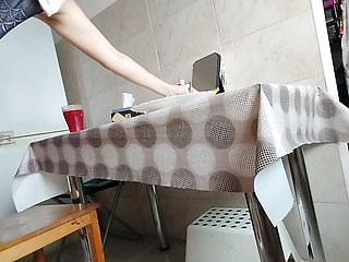 Hairy brunette pussy, big tits, sensual hairy woman in the kitchen.