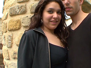 Cute chubby Marie-Laure sucks a dick outside before getting assfucked inside