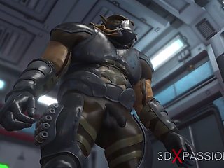3d monster plays with a young woman in the Mars base camp