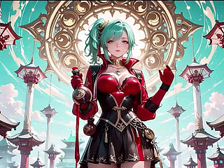 Green-haired Warrior in a Black-red Battle Robe, Commanding yet Shy on the Floating Terrace.