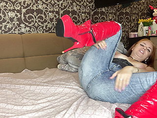 I Have a Great and Sexy Look Today! I'm Wearing Red Long Boots and Blue Jeans and a Top! Very Sexy and I'm Playing with Myself!