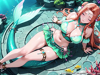 Red-haired Mermaid Princess's Private Tour in the Underwater Palace, Green Bikini hugging her curves, Heeled Boots on soft sand,