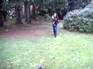 Lovely euro babe blowing dick outdoors before banging in house