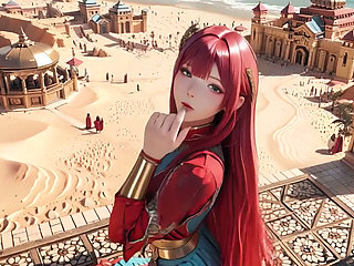 Red Queen in the Desert! Lazy Afternoon in the Golden Palace, Backless Dress slightly damp.
