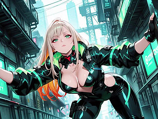 Neon Rain Night! Blonde Agent in Wet Leather Crouching Low, Holographic Glow & Cold Glances.