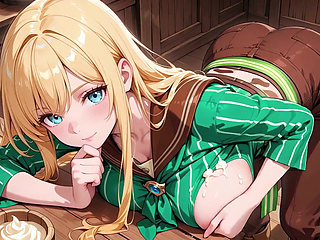 She sips beer while fixing her apron, revealing creamy cleavage.