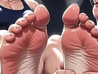 Old Woman Licking Muscular Womans Feet in Gym - Humiliation