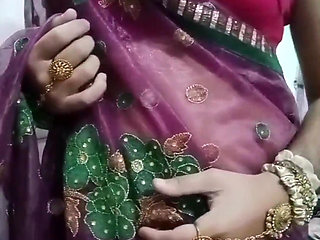 Indian Gay Crossdresser Bottom Gaurisissy Pressing and Playing with Her Big Boobs in Purple Saree with Heavy Jwellery