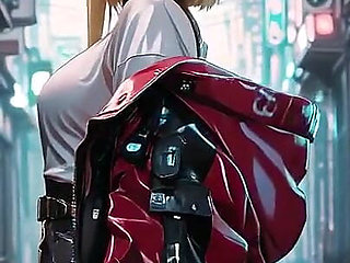 Red Leather Jacket Glistening Under Neon Rain, Kneeling Pose That Breaks the Armor