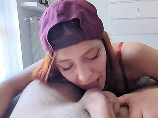 Mira Love Full Blowjob POV - Redhead Teen Licks Balls & Takes Facial Cumshot in English