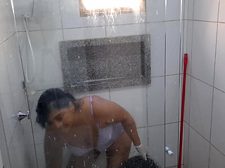 Bathroom Slut: My Sweaty Wife Shows off and Flashes Her Big Pussy While Cleaning!