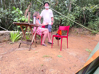 Naughty woman gives a blowjob and rides a stranger at the campsite.