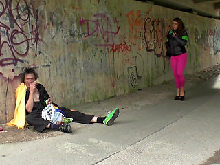 Big boobed milf takes vagabond older dirty dude for her pissing session with fucking