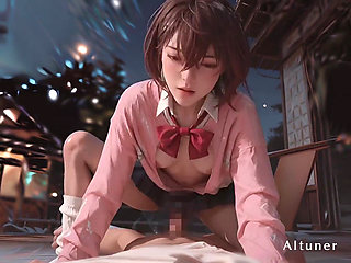 Nighttime Seduction - Red Bow Unfastened, Blue Skirt Lifted, Secret Nipples Exposed Under Soft Light