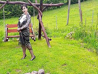 Raincoat, Nylons And Bra With Open Nipples