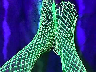 Tiny Asian Feet with long toes in green neon fishnet
