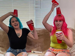 Big Tits Lesbian Teens Bea & Lizzy Strip Game - Stacking Cups Challenge Sex Toys