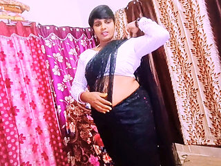 Black saree beautiful sexy housewife unfortunately fucking husband's father Telugu dirty talks.