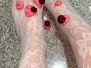 Playing with a whipped cream with my legs in white stockings