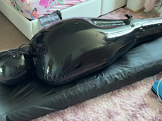 Wife drives her husband crazy with ESTIM in Inflatable Full Body Latex Bondage Bag - Exreme Edging. Restricted Breathing Gagged
