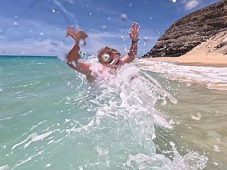 Girl Wetting Jeans in the Ocean and Swimming in Wet White T-shirt