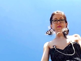 Outdoor BDSM Solo in Black Dress with Nipple Clamps and Butt