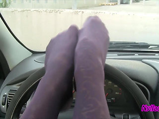 Nyllady's Footjob to Gearshift and Wheel in Patterned Pantyhose