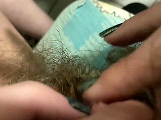 Morning orgasm big clit rubbing in extreme closeup super hairy pussy