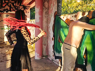 BDSM femdom flogging. Dominatrix Nika punishes her slave at sunset in an abandoned building. Back scratching.