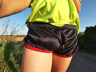 Tight Shiny Sport Shorts Bulging Routine (freeballing Outdoors)