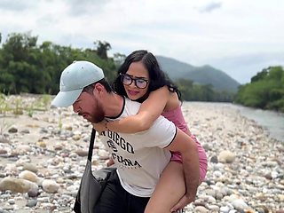 Stepdaughter In Pink Dress Gives Sloppy Outdoor Blowjob To Stepdad In Woods