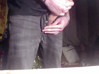 Hot guy in jeans enjoying some solo big dick action with moans and growls