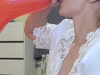 Blow to Pop Big Red Baloon with Nipples Out
