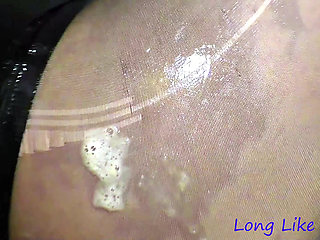 Rip and cum black pantyhose legs