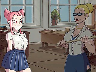 Hot teacher Abigail shows her pink-haired virgin student how to handle a gang bang in class
