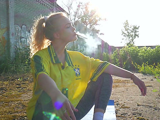 Seductive Russian Babe Smoking Cigarette Outdoor Setting