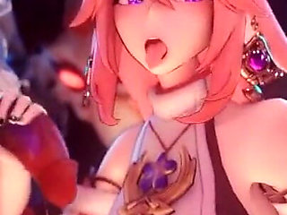 Yae Miko Surrounded by Hilichurl Cocks Gangbang Threesome Double Handjob - Genshin Impact Porn