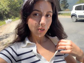 Hottie Doesn't Mind Getting Cum on Her Face for a Public Walk - Cumwalk