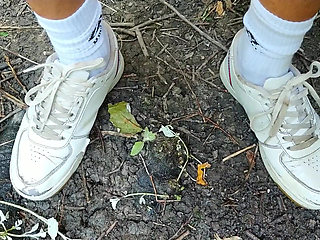 Piss and Cum - Cleaning Used White Sneakers with Pee and Cum and Pee Again in the Garden