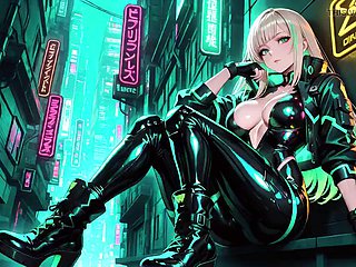 Blonde Cyber Agent Crouches Low in Shiny Wet Leather During Neon Rain Night, Holographic Glow Streaks