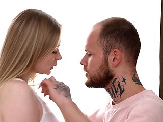 Tight blonde is going to worship his massive penis