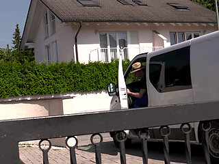 Sexy blonde with nice pussy gets fucked by the car in the garage