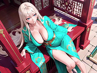 Blonde in a Green Kimono! Lazy Terrace Reading, off-shoulder Design Is Too Sinful!