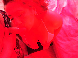 Horny Latina MILF in Red Light Spits on Cock, Sucks Balls, Gives Handjob and Facial Cumshot