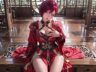 Purple-haired War Maiden in high-slit kimono, kneeling to tease your eyes with a fiery gaze and a wet, forbidden whisper.