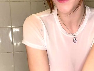 Busty curly brunette with big boobs fucks on couch