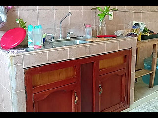 Chubby Stepmother Washes and Cleans the Kitchen