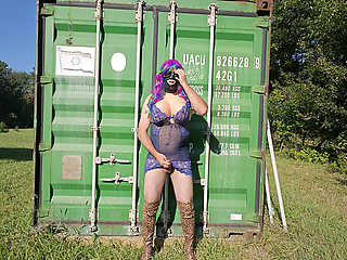 Gigantic fake tits crossdresser in lingerie masturbating outside